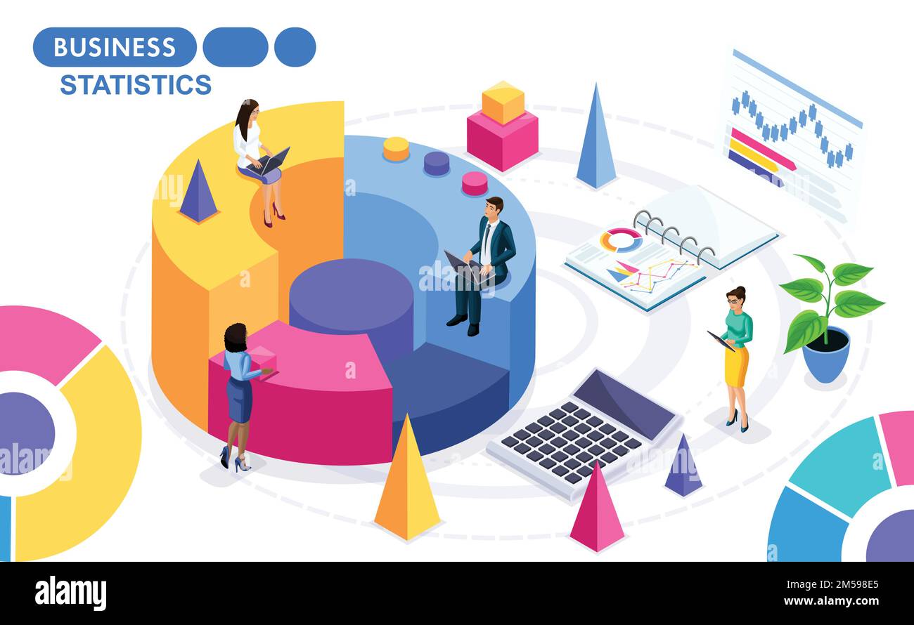 Concetto isometrico della raccolta e dell'analisi dei dati sul lavoro del progetto. Persone isometriche in movimento. Concetti per banner Web e stampe Illustrazione Vettoriale