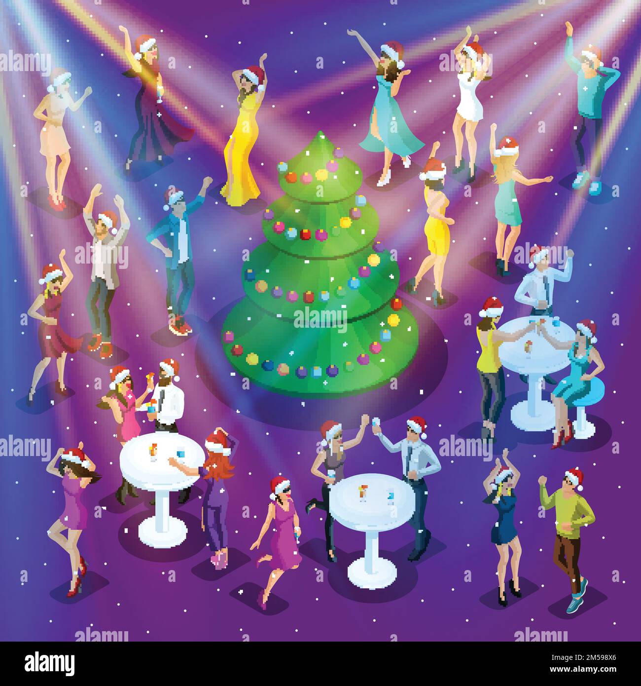Festa isometrica di Natale, 3D danze, la felicità di un uomo e una donna stanno avendo divertimento, albero di Natale festivo nel centro, festa aziendale-0 Illustrazione Vettoriale