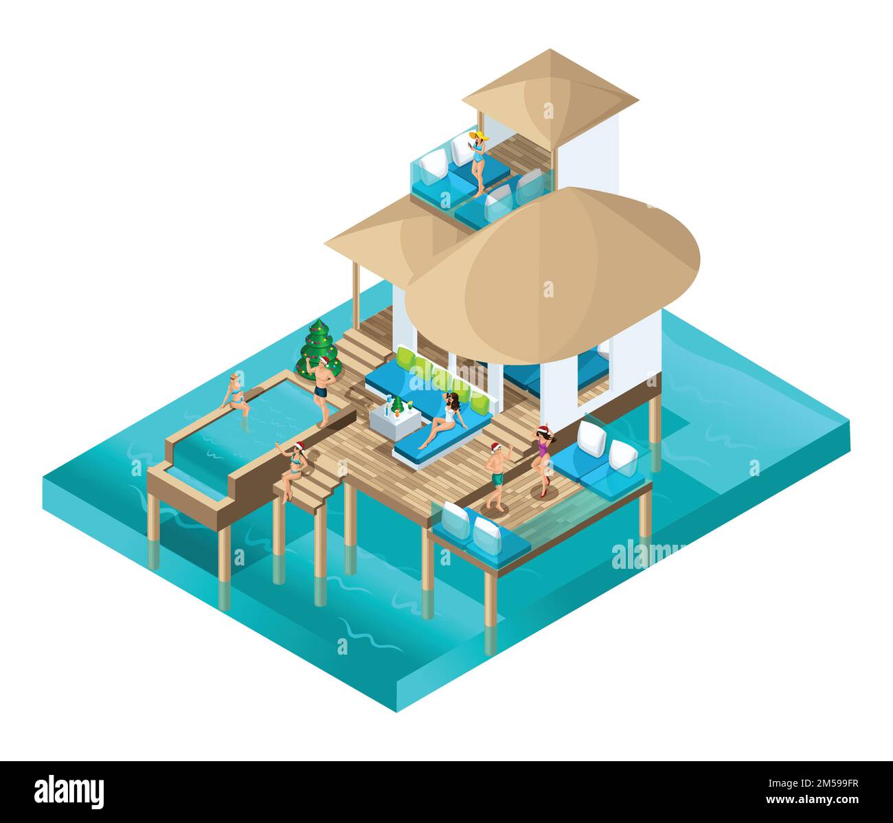 Celebrazione isometrica del Natale in una stanza chic nelle isole Maldive, la gente ha divertimento su un'isola nel mezzo dell'oceano, felicità, lusso v Illustrazione Vettoriale