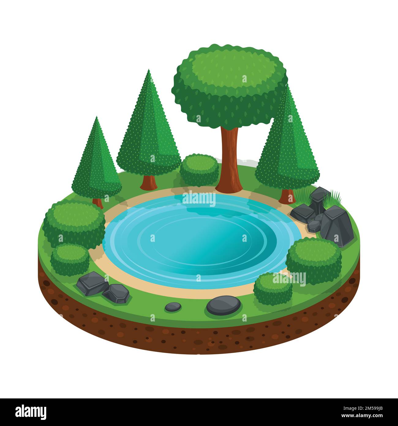 Isola isometrica con un piccolo lago boschivo, alberi, paesaggio per la creazione di giochi grafici. Base colorata per il campeggio. Illustrazione Vettoriale