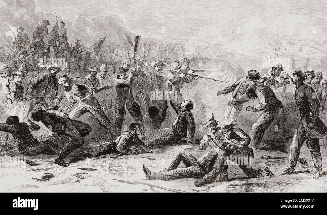 La battaglia di Fort Pillow, o il massacro di Fort Pillow, 12 aprile 1864, a Henning, Tennessee, Stati Uniti d'America durante la guerra civile americana. Una guarnigione dell'Unione supernumerata a Fort Pillow si arrese ad una forza confederata che continuò ad uccidere anche dopo che tutte le resistenze si erano fermate. Molti artiglieri neri che lottavano per l'Unione erano tra i morti. Dopo un'illustrazione in Harper's Weekly, 30 aprile 1864. Foto Stock