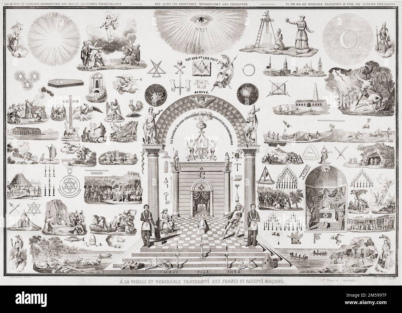 Alla Vecchia e Venerabile Confraternita dei liberi e accettati Massoni. Un'allegoria della metà del 19th ° secolo di Massoneria. La porta di un tempio massonico è circondata da schizzi di incidenti e dettagli relativi alla pratica dell'organizzazione. Foto Stock