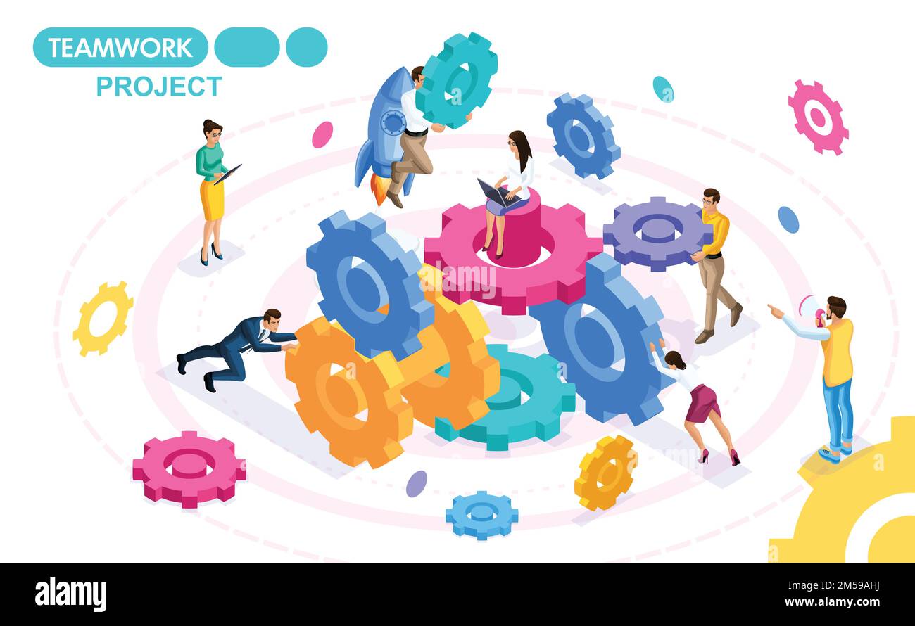 Concetto isometrico sviluppare e creare un progetto di lavoro di squadra, idee aziendali, brainstorming. Persone in movimento. Concetti per banner Web e stampa Illustrazione Vettoriale