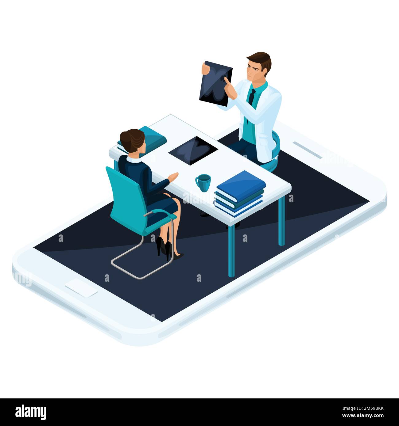 Concetto isometrico di consultazione on-line di un medico e chirurgo qualificato tramite telefono cellulare e social network. Illustrazione Vettoriale