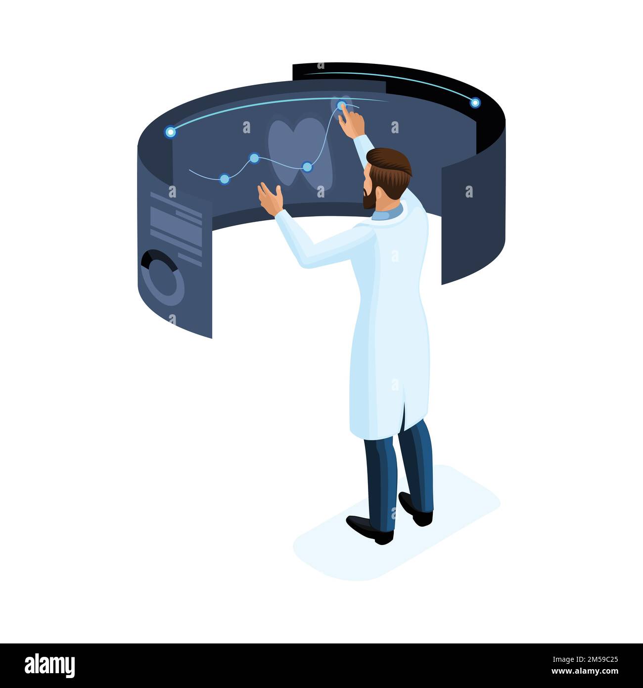 L'isometria di un operaio clinico privato utilizza la tecnologia moderna, set 10, schermo virtuale, tablet di grandi dimensioni, archiviazione dei dati moderna, per medici, chirurghi, infermieri. Illustrazione Vettoriale