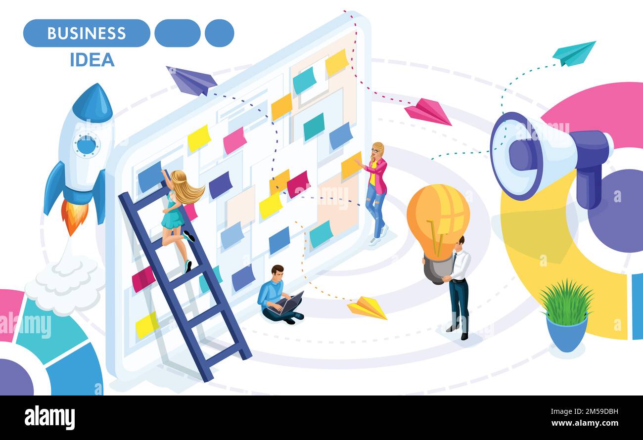 Concetto isometrico di sviluppo, creazione e implementazione di un'idea di business, una startup. Persone isometriche in movimento. Concetti per banner Web e prin Illustrazione Vettoriale