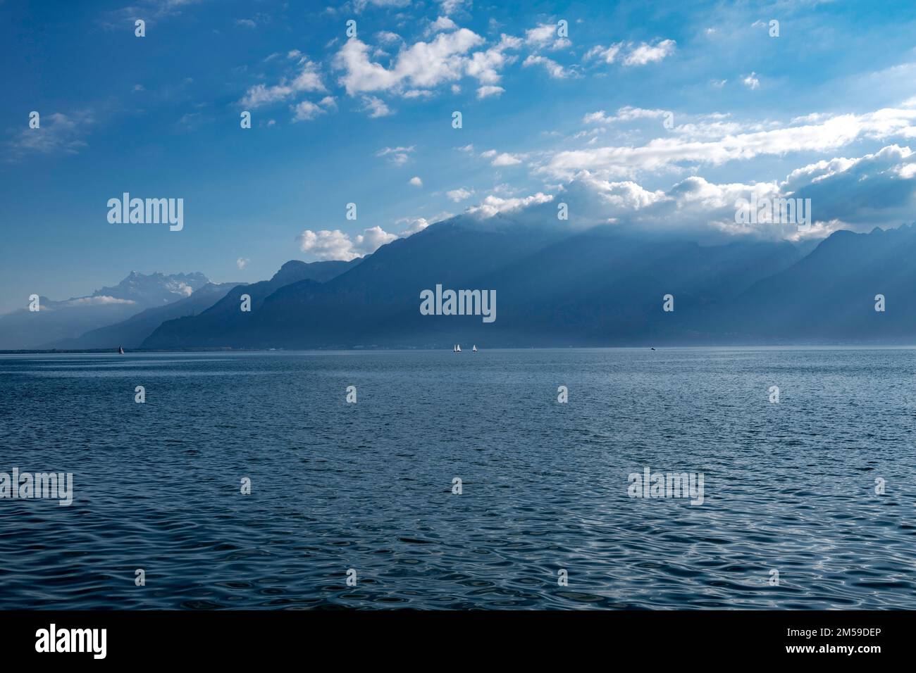 Suisse, Schweiz, Svizzera, Lac Léman, Genfer See, Lago di Ginevra, bateaux, Bateau, Schiff, Schiffe, Barca, barche, montagne, montagnes, Berg, Berge, mou Foto Stock