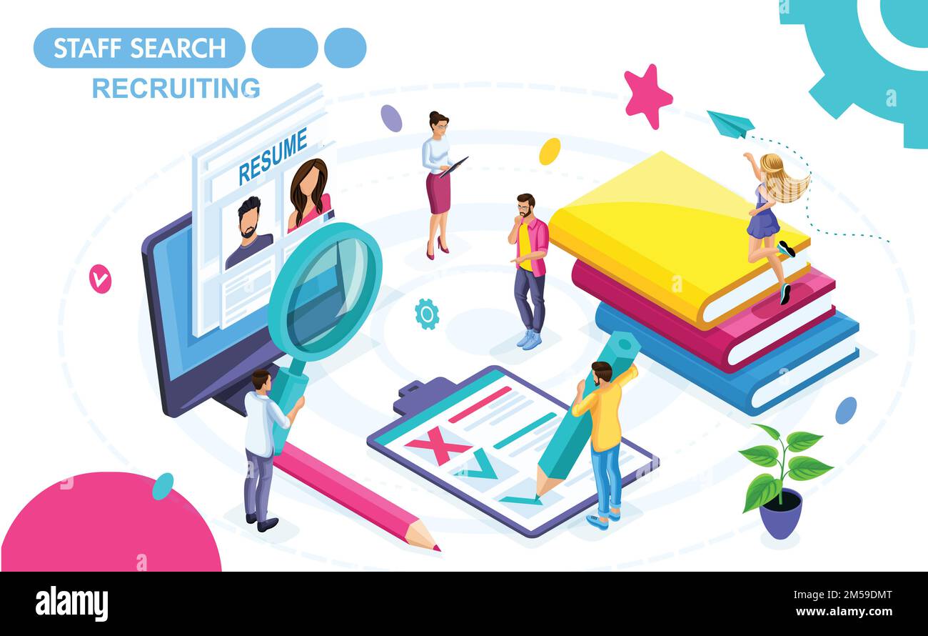 Concetto isometrico di visualizzazione di un curriculum in un'agenzia di reclutamento. Persone isometriche in movimento, visualizzare il riepilogo. Concetti per banner web e materiale stampato Illustrazione Vettoriale