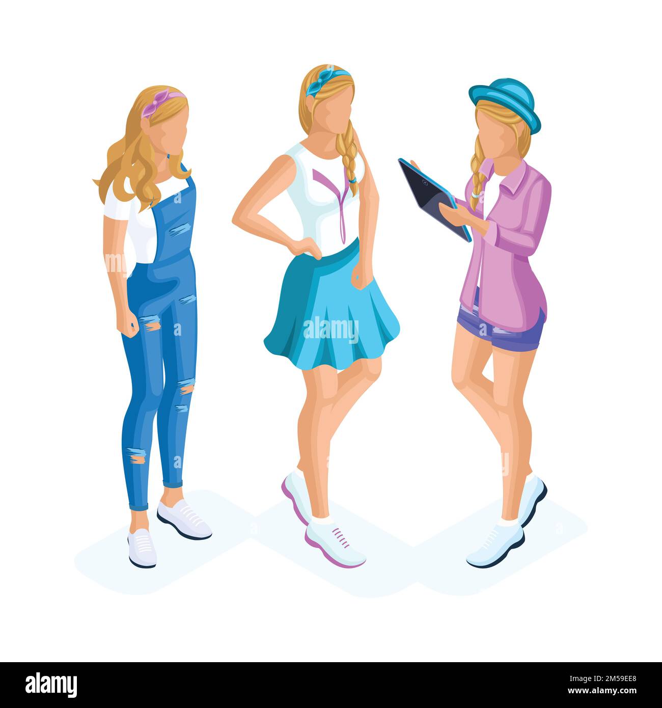 Isometrics delle ragazze adolescenti, generazione Z con i gadgets, vestiti eleganti, acconciatura fredda, cappello, accessori, girlfriends fin dall'infanzia. Illustrazione Vettoriale