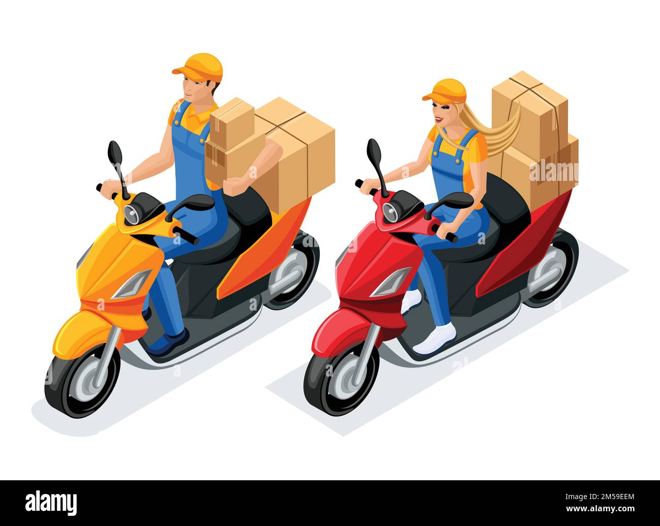 Uomo e donna isometrici in uniforme su scooter con scatole di cartone, il lavoro del servizio di consegna. Concetto di consegna. Furgone con consegna rapida. CONS Illustrazione Vettoriale