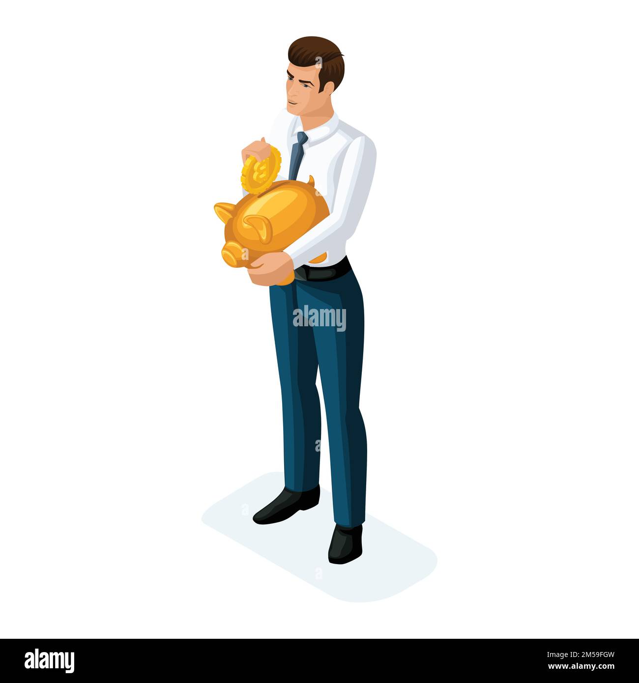 Concetto isometrico di imprenditore di accumulo di denaro, deposito in una banca, accumulo conservativo per la pensione. Illustrazione vettoriale di una finanza Illustrazione Vettoriale