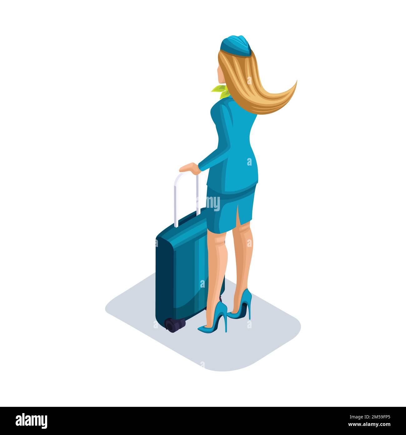 Ragazza isometrica con le cose e valigie stand in aeroporto, in attesa del suo volo. Vista posteriore, pattini uniformi. Illustrazione Vettoriale
