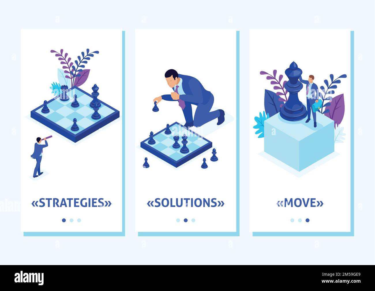 Isometric Template app Big business prende una decisione informata, gioco di scacchi, strategia di crescita, app per smartphone. Facile da modificare e personalizzare. Illustrazione Vettoriale