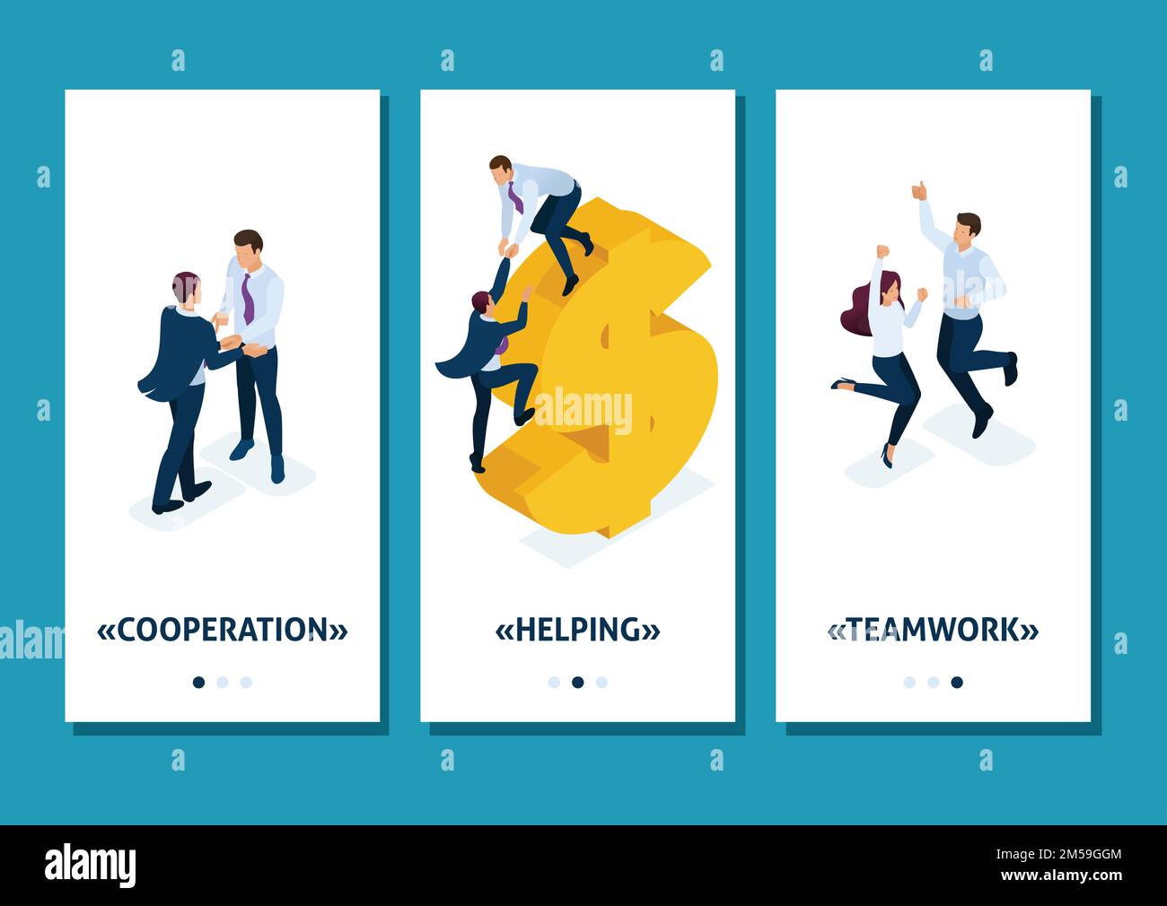 Applicazione Isometric Template (modello isometrico). Le grandi aziende aiutano lo sviluppo delle piccole e medie imprese, le app per smartphone. Facile da modificare e personalizzare. Illustrazione Vettoriale