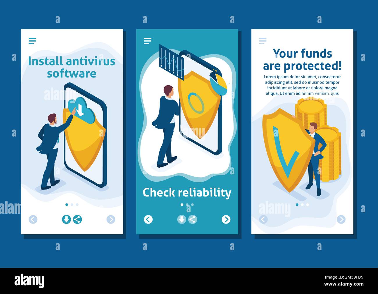 L'app Isometric Template protegge i vostri fondi da minacce esterne, furti e app per smartphone. Illustrazione Vettoriale