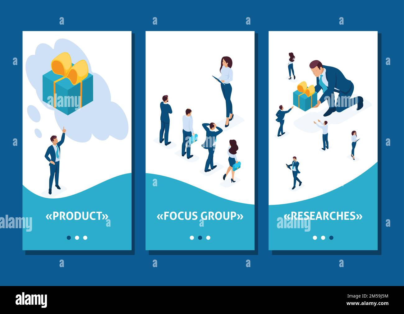 Isometric Template app Bright Concept ricerca di marketing del prodotto utilizzando gruppi di interesse, app per smartphone. Illustrazione Vettoriale