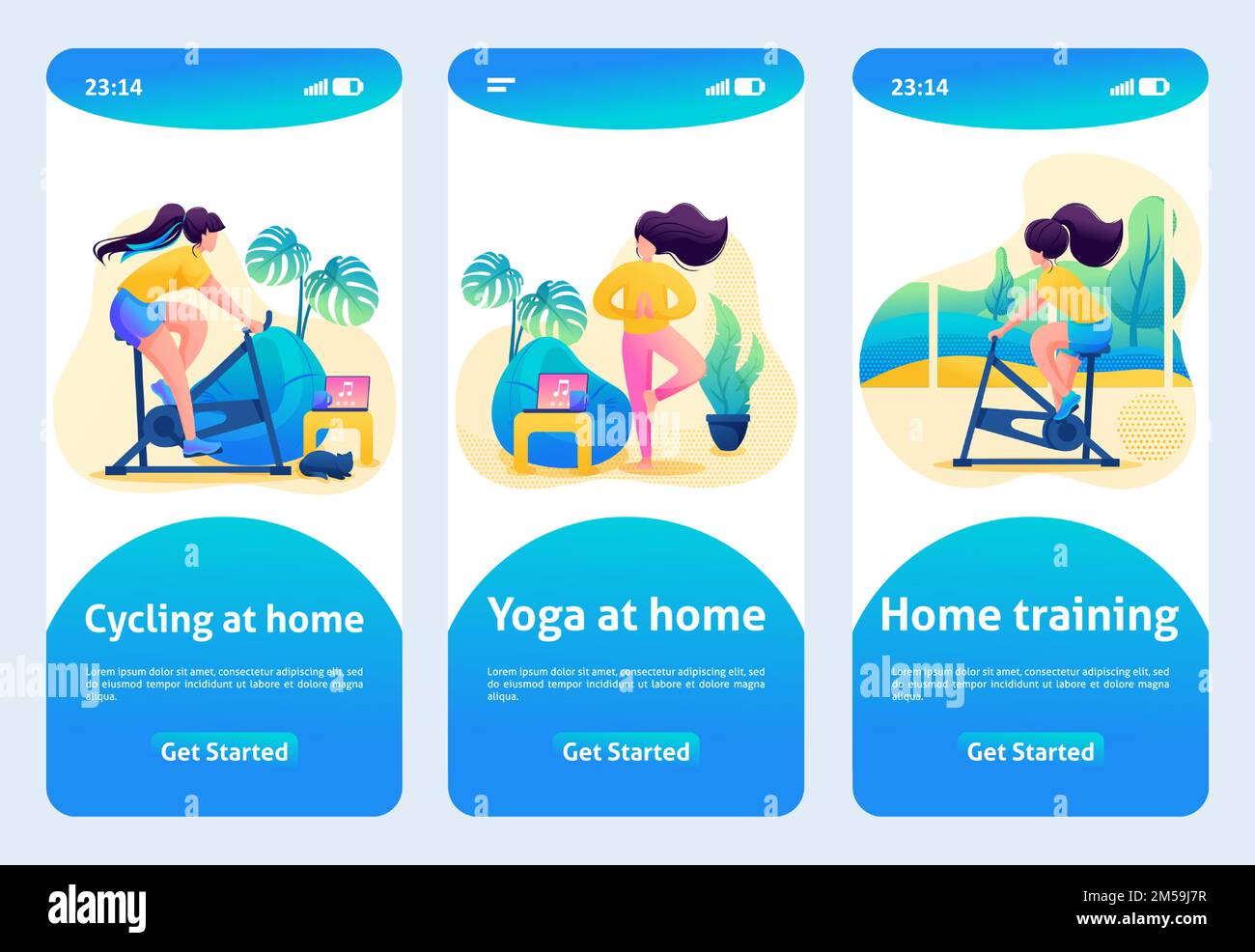 Progettazione di app mobili, modello. 2D carattere. Allenamento a casa, sport a casa su simulatori. Illustrazione Vettoriale