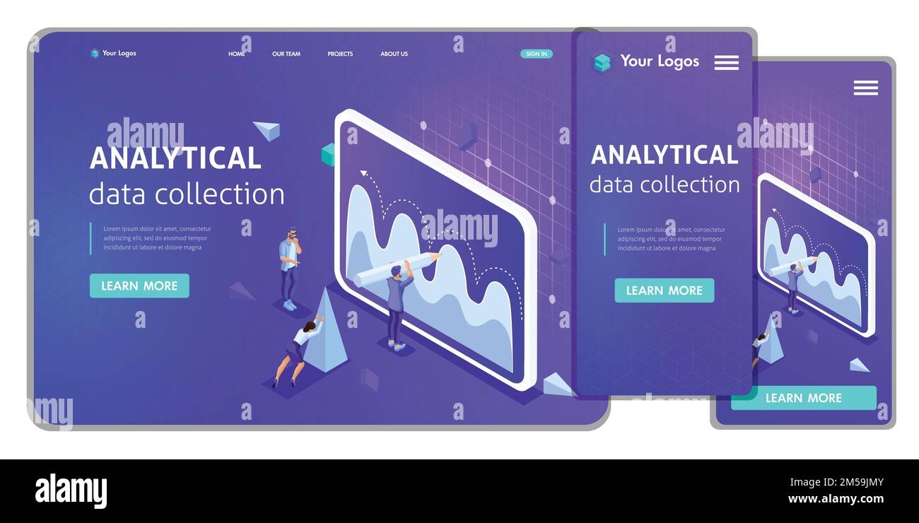 Sito Web modello Landing page concetto Isometrico raccolta dati analitici, Teamwork. Facile da modificare e personalizzare, adattabile. Illustrazione Vettoriale