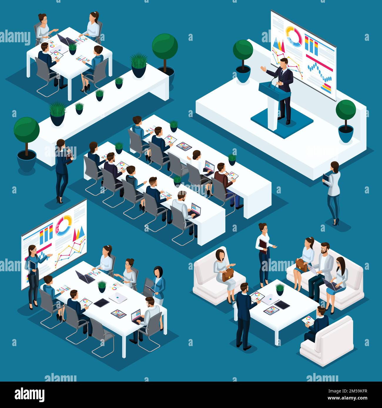 Persone isometriche persona, 3D uomini d'affari, leader del discorso su richiesta, indicatori e programmi di processo educativo, coaching, business conferenza, giovani Illustrazione Vettoriale