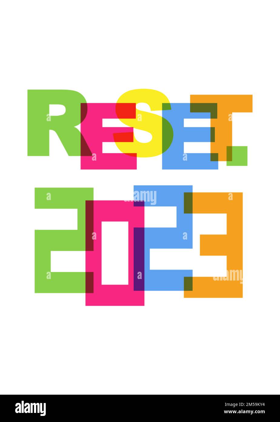 2023 RESET banner tipografico colorato, idea di logo del concetto di Capodanno felice, illustrazione vettoriale isolata su sfondo bianco Illustrazione Vettoriale
