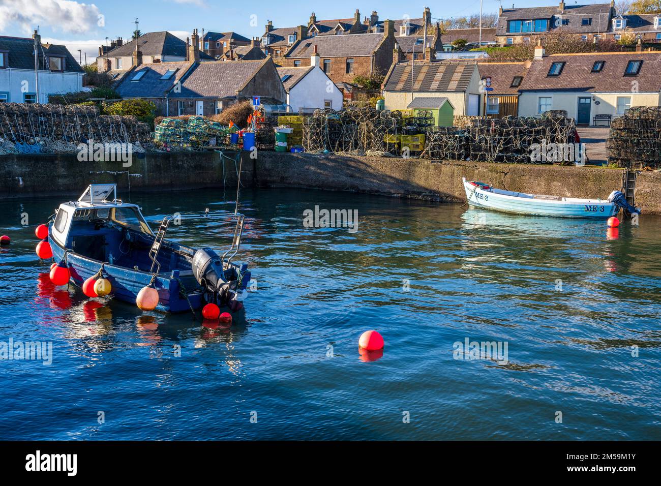 Pentole di aragosta e attrezzatura da pesca sul molo del villaggio costiero di Johnshaven sulla costa del Mare del Nord dell'Aberdeenshire in Scozia, Regno Unito Foto Stock