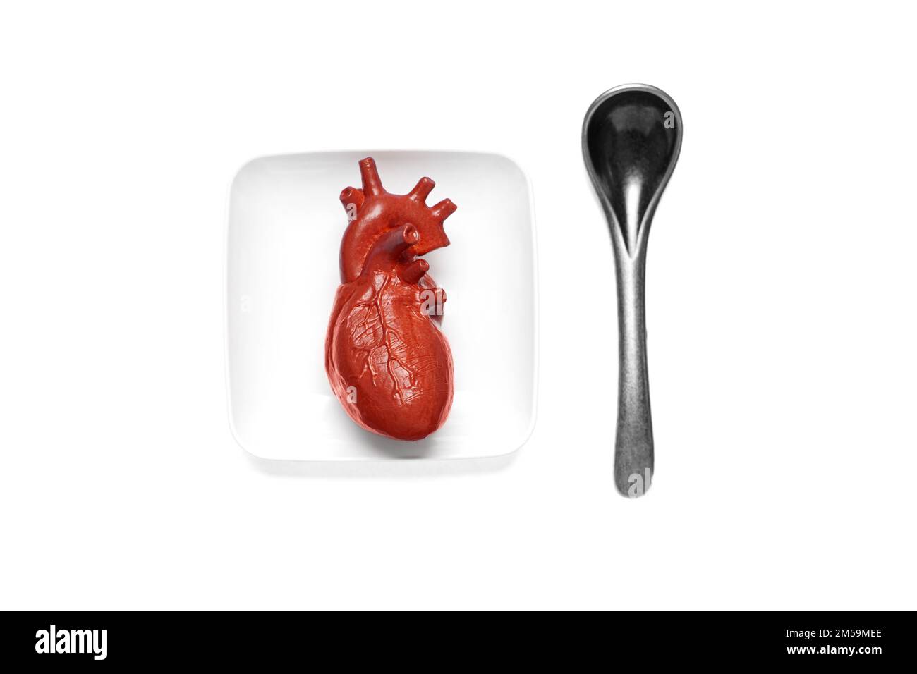 Copia anatomica in miniatura di un cuore umano su una piccola piastra bianca e un piccolo cucchiaio in tonalità argento isolato su sfondo bianco. Concetto di cibo sano al cuore Foto Stock