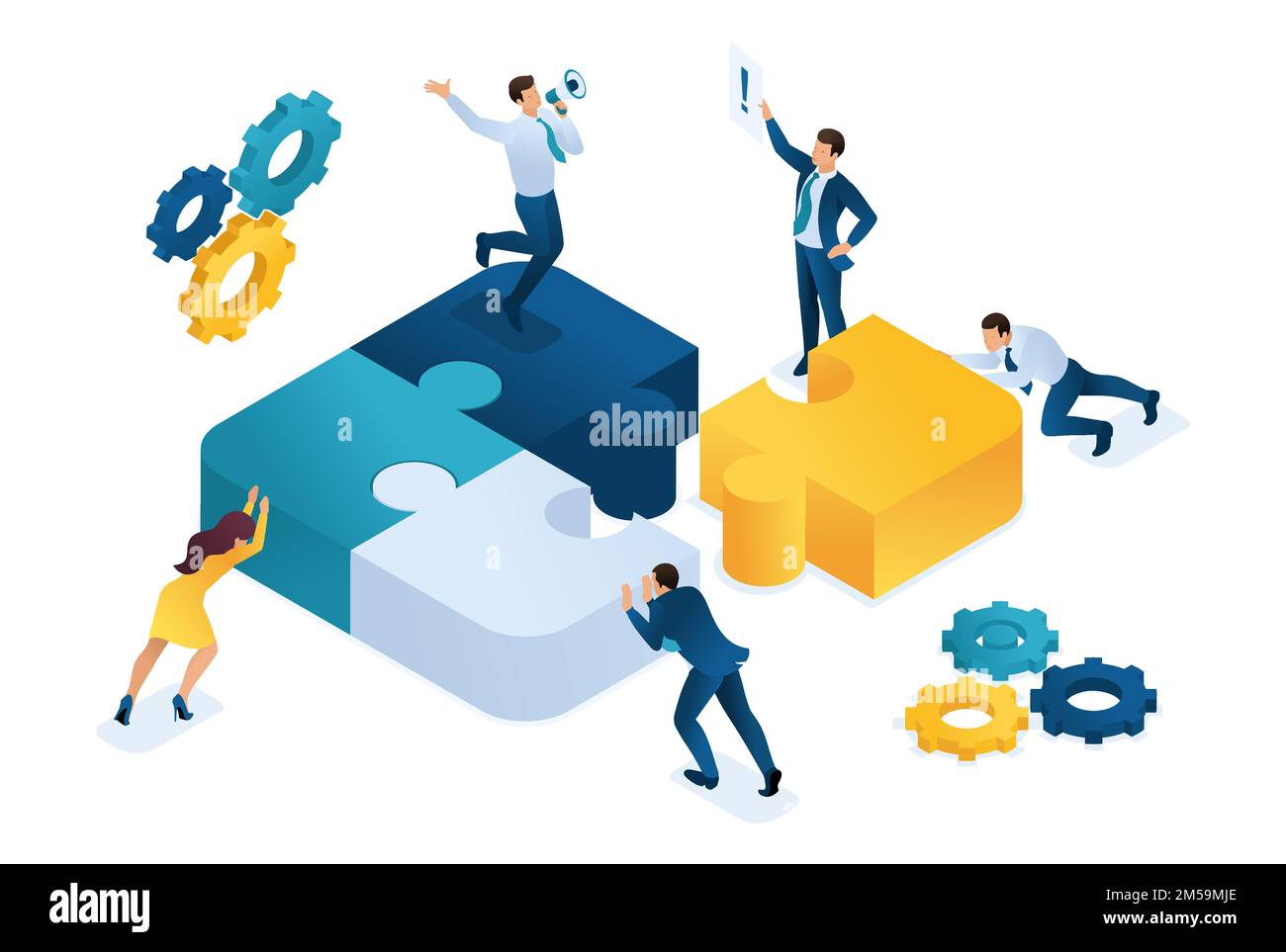 Persone isometriche che collegano gli elementi del puzzle. Simbolo del lavoro di squadra. Concetto di web design. Illustrazione Vettoriale