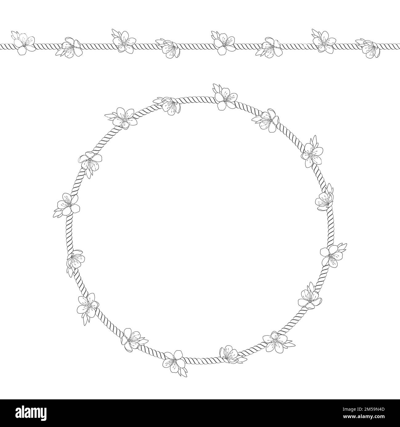 Motivo senza cuciture con rete del cordone e fiori primaverili. Sfondo vettoriale bianco e nero su bianco. Illustrazione Vettoriale