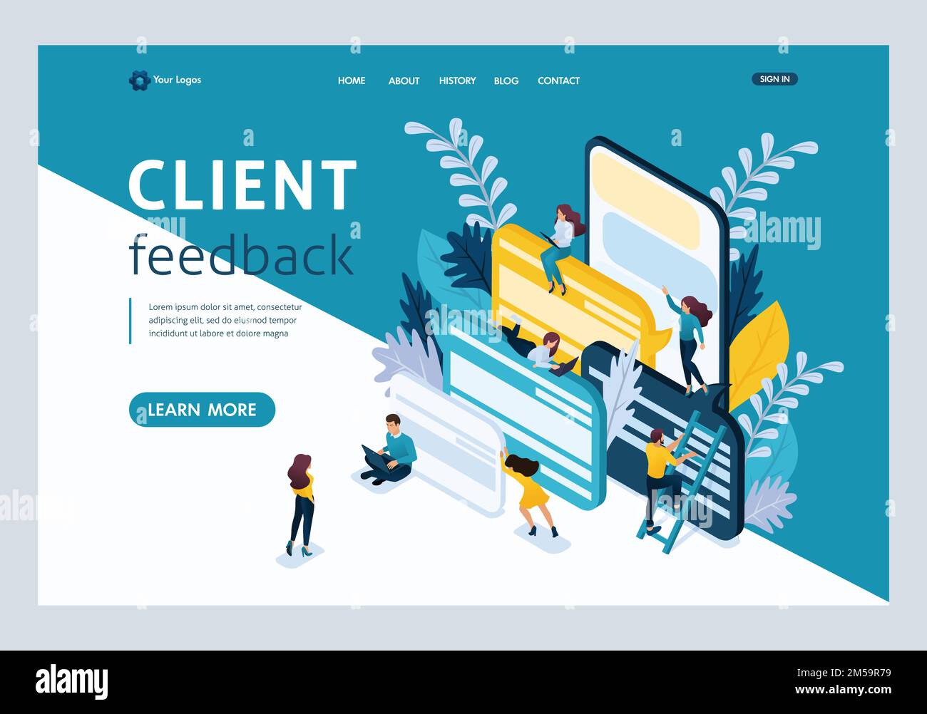 Landing page modello di sito Web concetto Isometrico giovani imprenditori, recensioni dei clienti e commenti. Facile da modificare e personalizzare. Illustrazione Vettoriale