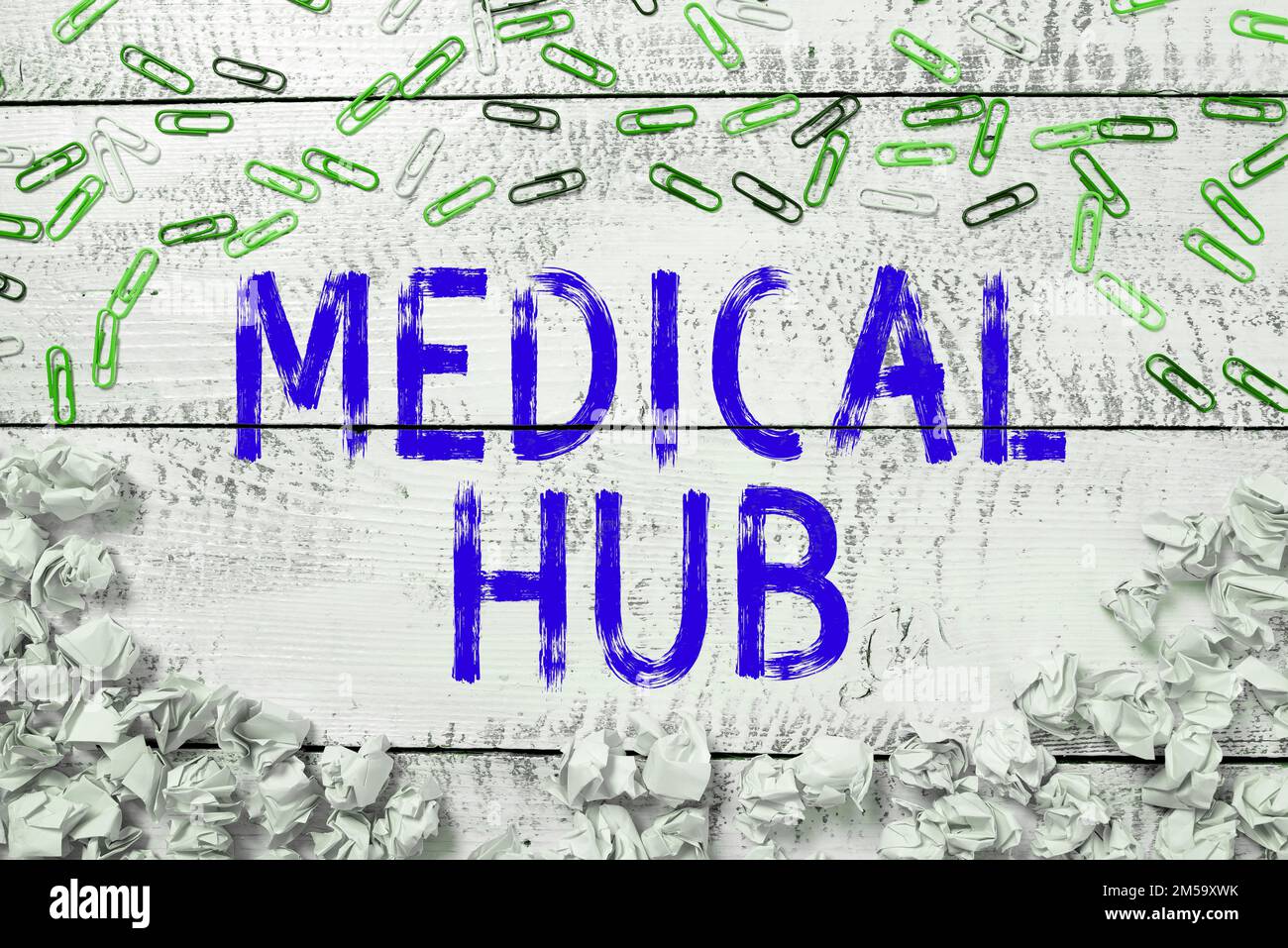 Scrittura di testo con visualizzazione di Medical Hub. Idea di business punto di connessione comune per dispositivi medici in una rete Foto Stock