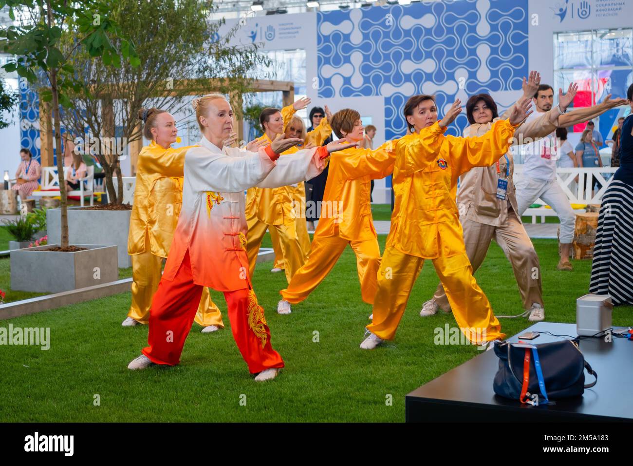 Gruppo di persone che fanno il qigong esercizio insieme in mostra Foto Stock