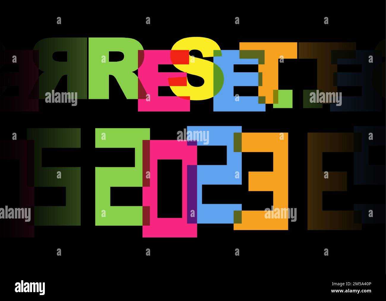 2023 RESET banner tipografico colorato, idea di logo del concetto di Capodanno felice, illustrazione vettoriale isolata su sfondo nero Illustrazione Vettoriale