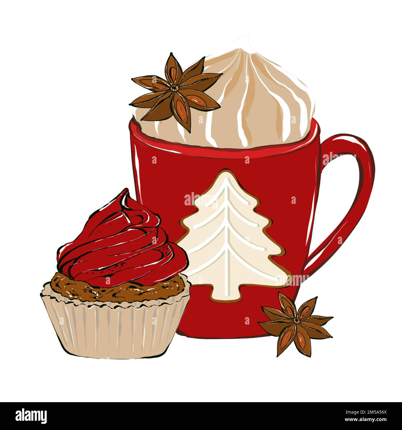 Natale Rosso tazza di caffè e dolce. Bevanda calda mattutina. Illustrazione disegnata a mano isolata su sfondo bianco Foto Stock