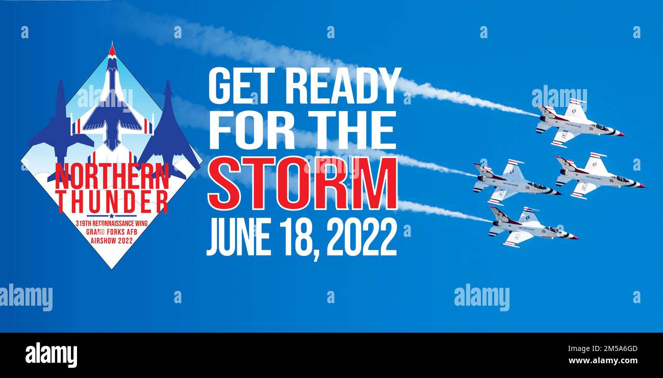 Un banner per il sito Web della Grand Forks AFB per evidenziare il prossimo spettacolo aereo del 18 giugno 2022. (STATI UNITI Grafica Air Force di Airman 1st Class Roxanne Belovarac) Foto Stock