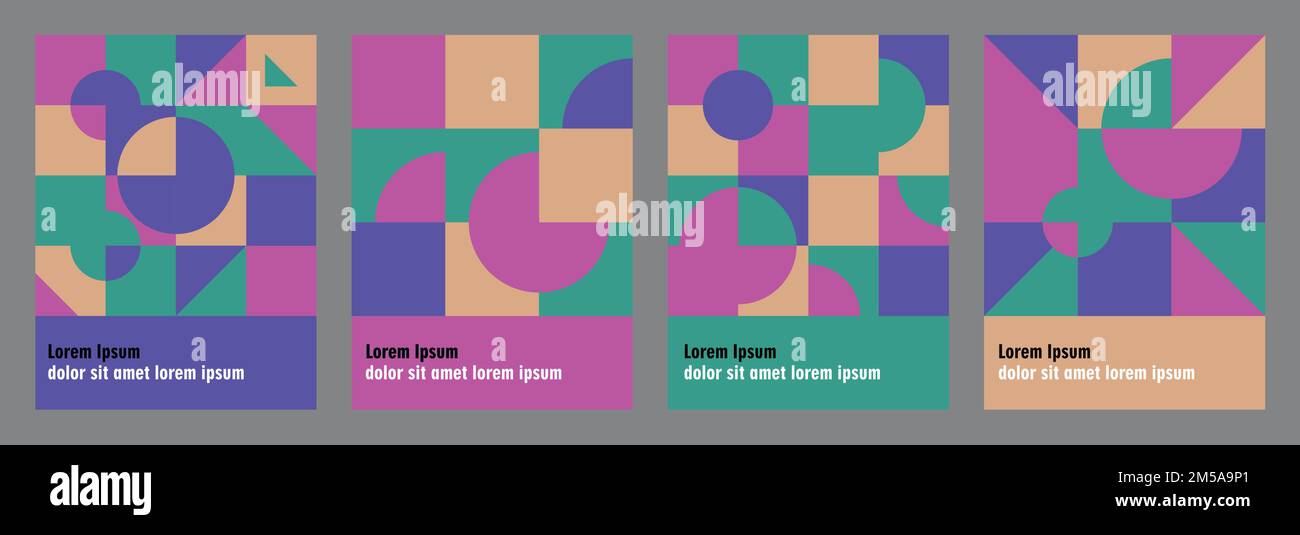 Forme geometriche colorate sullo sfondo per gift card, cover, retro, poster design set. Illustrazione Vettoriale