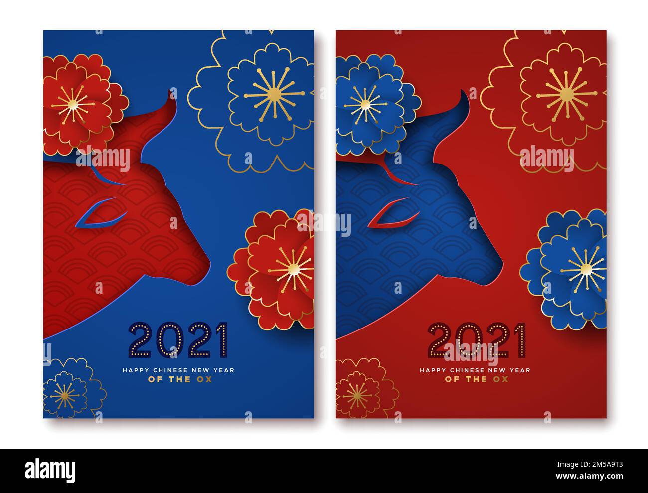 Set di biglietti d'auguri tradizionali blu rosso per il Capodanno cinese del bue 2021. Moderna collezione 3d di decori floreali e testa toro tagliata in carta. Illustrazione Vettoriale