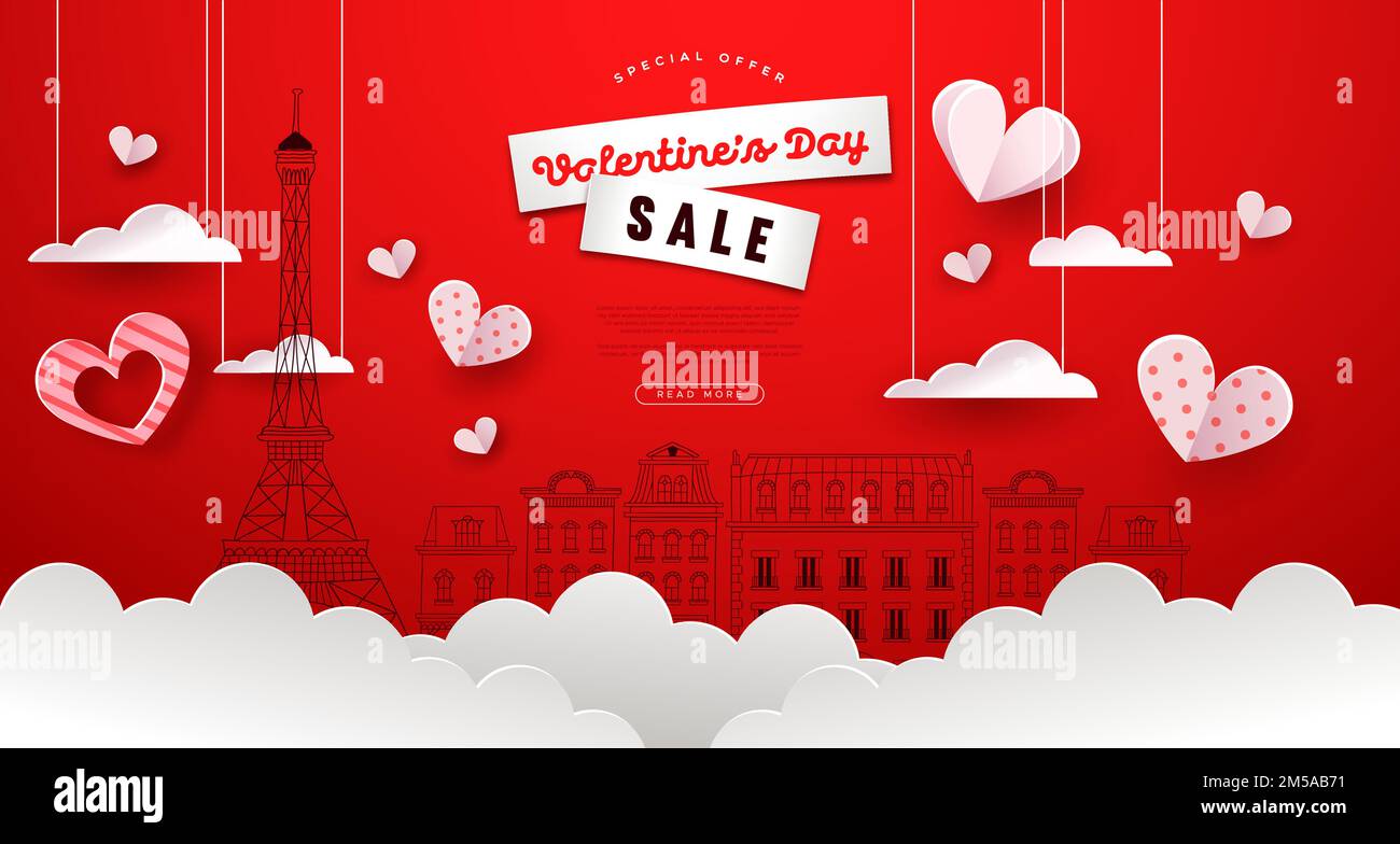 Illustrazione del modello di vendita per San Valentino. Promozione speciale, cute parigi città doodle sfondo con decorazione cuore papercut. febbraio romantico Illustrazione Vettoriale