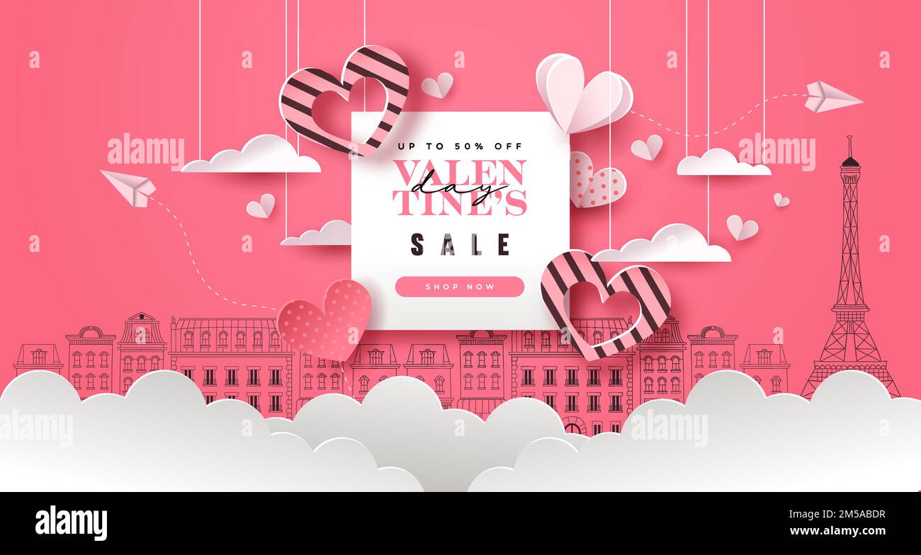 Illustrazione del modello di vendita per San Valentino. Promozione speciale, sfondo rosa della città di parigi con decorazione a cuore in papercut. febbraio romantico Illustrazione Vettoriale