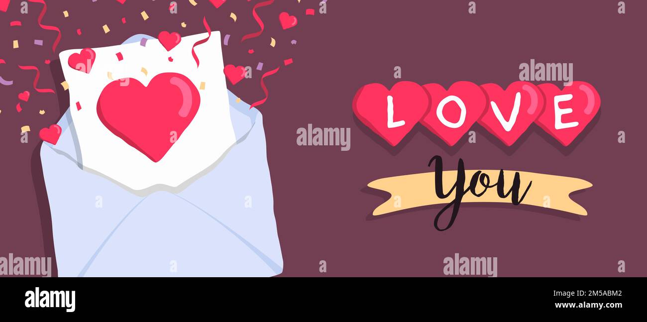 Illustrazione del biglietto di auguri per il giorno di San Valentino felice. Messaggio Love You quote con una graziosa busta romantica per l'evento festivo di febbraio 14. Illustrazione Vettoriale