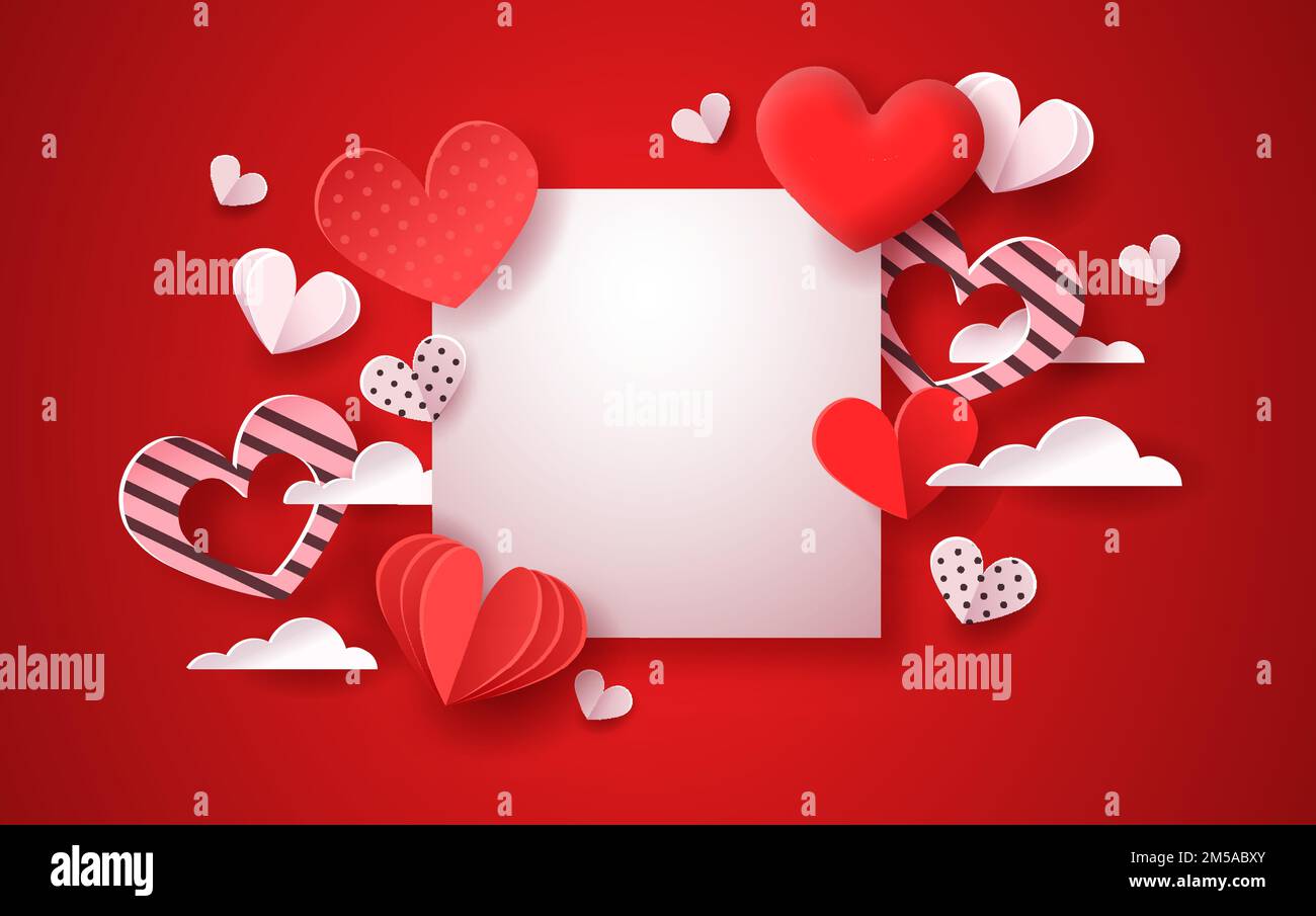 Illustrazione del modello papercut di San Valentino. Decorazione a cuore rosso in stile carta 3d realistico con nuvole di cielo e vuoto spazio copia bianco fram Illustrazione Vettoriale