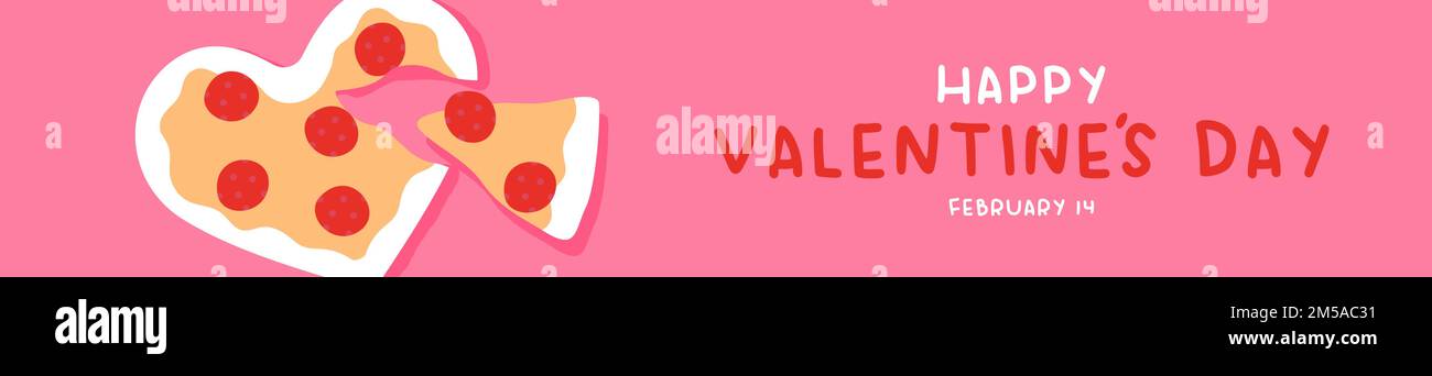 Buon San Valentino banner web illustrazione. Carino cuore forma formaggio pizza cibo con citazione di testo. Febbraio 14 evento festivo design di intestazione sottile. Illustrazione Vettoriale
