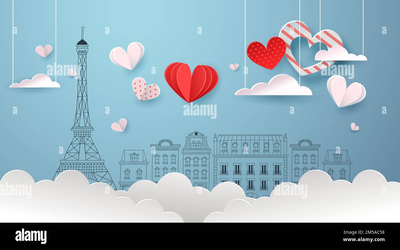 Concetto di illustrazione di sfondo di San Valentino. Carina città di parigi doodle con 3D realistico papercut cielo nuvole, cuori e carta piano. Evento romantico Illustrazione Vettoriale