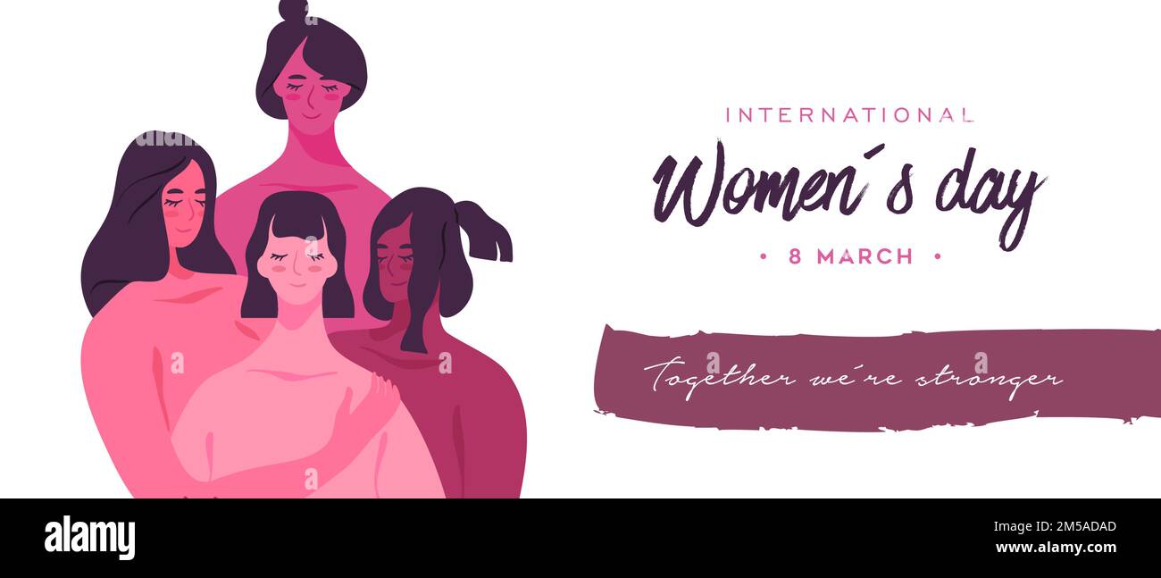 Biglietto d'auguri per la Giornata internazionale della donna, illustrazione di diverse donne forti amici che si abbracciano insieme per speciale donna diritti evento vacanza o. femini Illustrazione Vettoriale