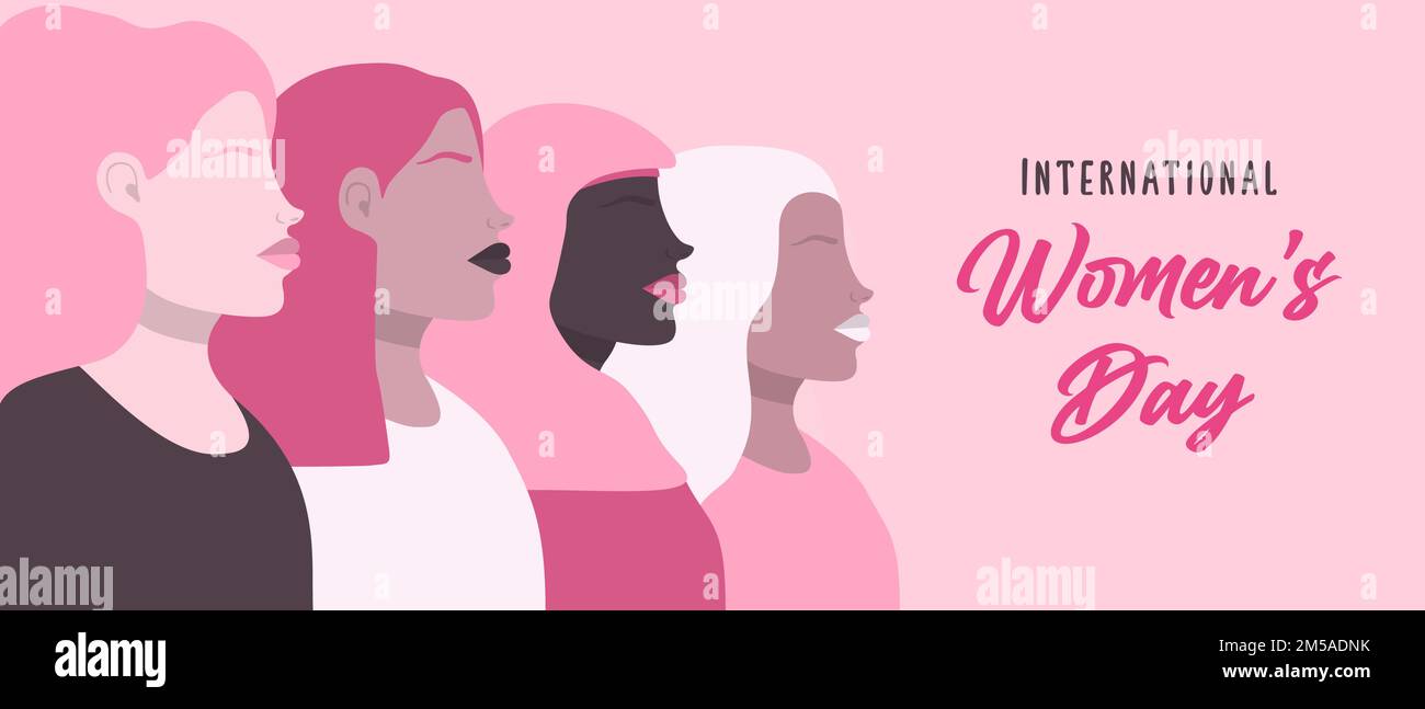 Banner Giornata Internazionale della Donna illustrazione di diverse donne rosa in piedi insieme per un evento speciale per i diritti della donna, una vacanza o una campagna femminista desi Illustrazione Vettoriale
