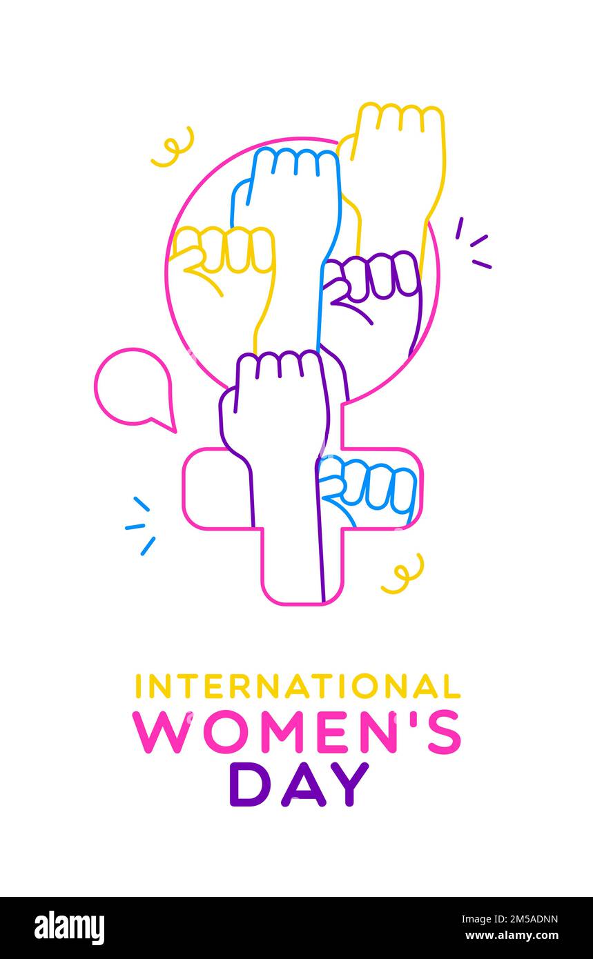 International Women's Day web biglietto d'auguri illustrazione delle mani della donna insieme all'interno del simbolo femminile per il concetto di uguaglianza di genere. Fumetto moderno e piatto Illustrazione Vettoriale