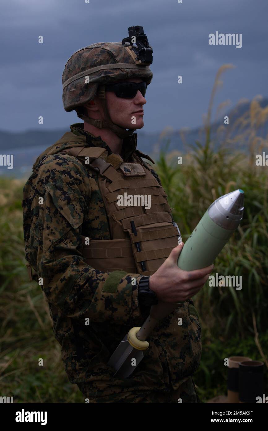 NEGLI STATI UNITI Marine con 2D battaglione, 7th Marines si prepara a condurre una missione di fuoco indiretto durante l'esercizio di Jungle Warfare 22 al largo della costa di Okinawa, Giappone, 16 febbraio 2022. JWX 22 è un'esercitazione di formazione sul campo su larga scala incentrata sull'utilizzo delle capacità integrate di partner congiunti e alleati per rafforzare la consapevolezza, la manovra e gli incendi in tutti i settori in un ambiente marittimo distribuito. 2/7 viene implementato in futuro nell'Indo-Pacific sotto 4th Marines, 3D Marine Division come parte del programma Unit Deployment Program. Foto Stock