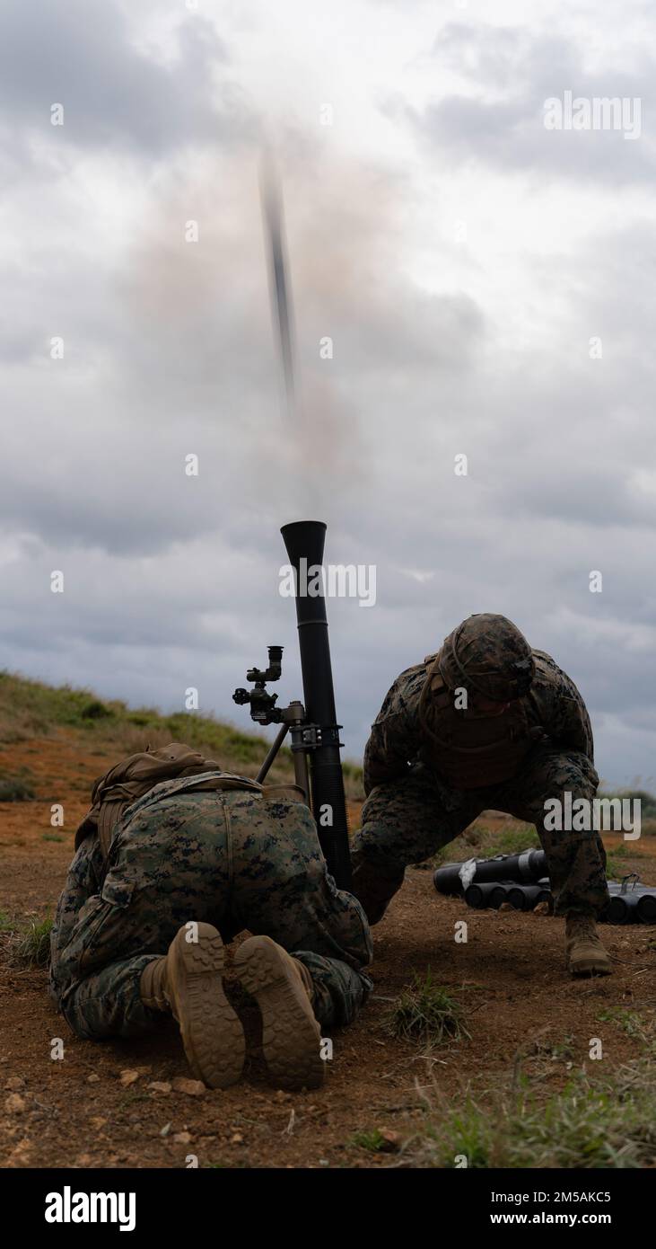 STATI UNITI Marines con 2D battaglione, 7th Marines conducono missioni indirette di fuoco durante l'esercizio 22 di Jungle Warfare al largo della costa di Okinawa, Giappone, 16 febbraio 2022. JWX 22 è un'esercitazione di formazione sul campo su larga scala incentrata sull'utilizzo delle capacità integrate di partner congiunti e alleati per rafforzare la consapevolezza, la manovra e gli incendi in tutti i settori in un ambiente marittimo distribuito. 2/7 viene implementato in futuro nell'Indo-Pacific sotto 4th Marines, 3D Marine Division come parte del programma Unit Deployment Program. Foto Stock