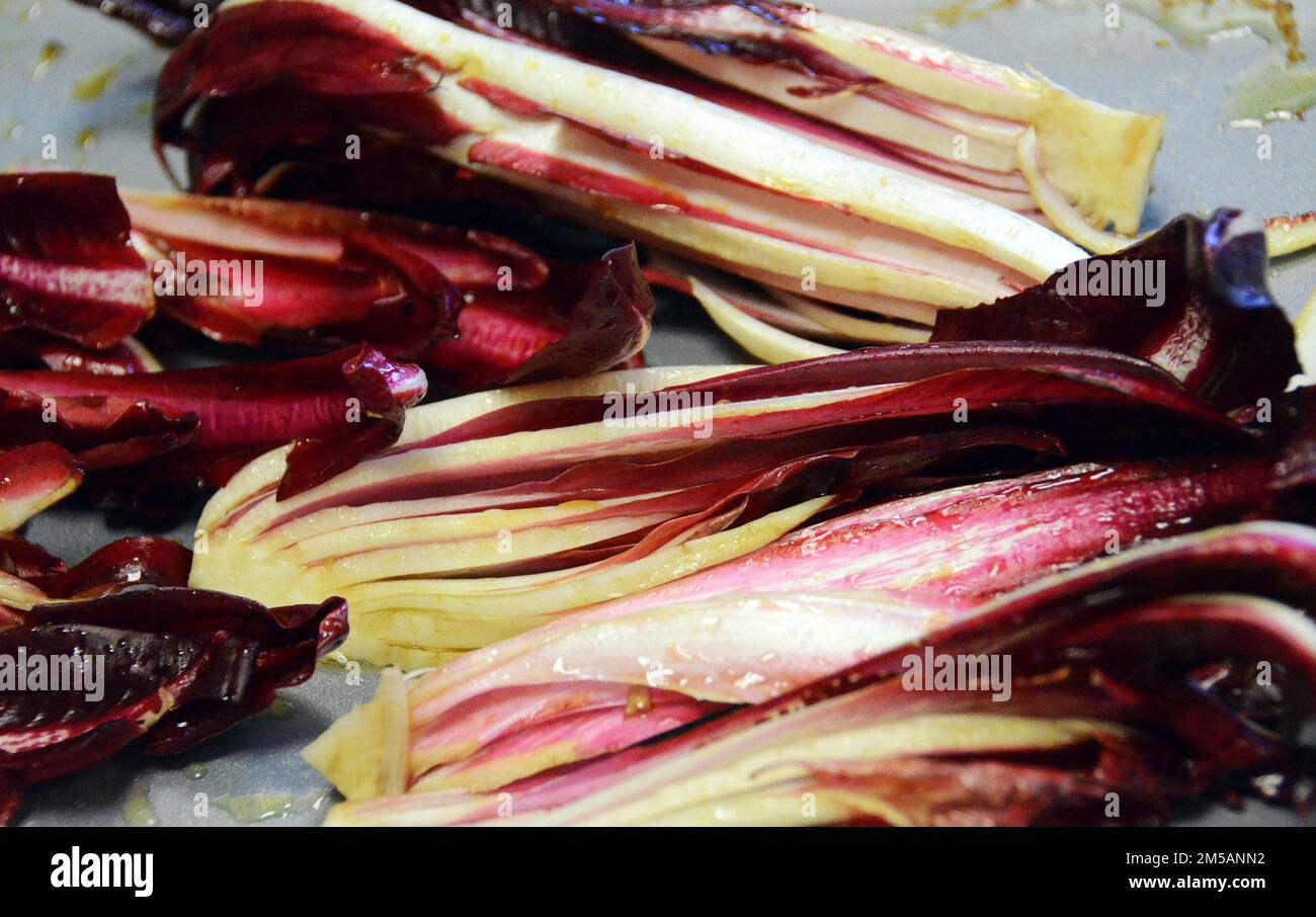 VICENZA, Italia - immagine di alcuni 'Radicchio trevigiano tardivo.' Il radicchio è stato utilizzato per un pasto appena cucinato durante la classe “Benvenuti” del Servizio comunitario dell’Esercito il 16 febbraio 2022. “Questo raffinato ingrediente sta crescendo solo tra dicembre e fine febbraio in alcune aree intorno a Treviso”, ha spiegato U.S. Esercito Garrison Italia base Comandante italiano col. Michele Amendolagine alle dozzine di membri della comunità recentemente arrivati che partecipano all'evento. Foto Stock