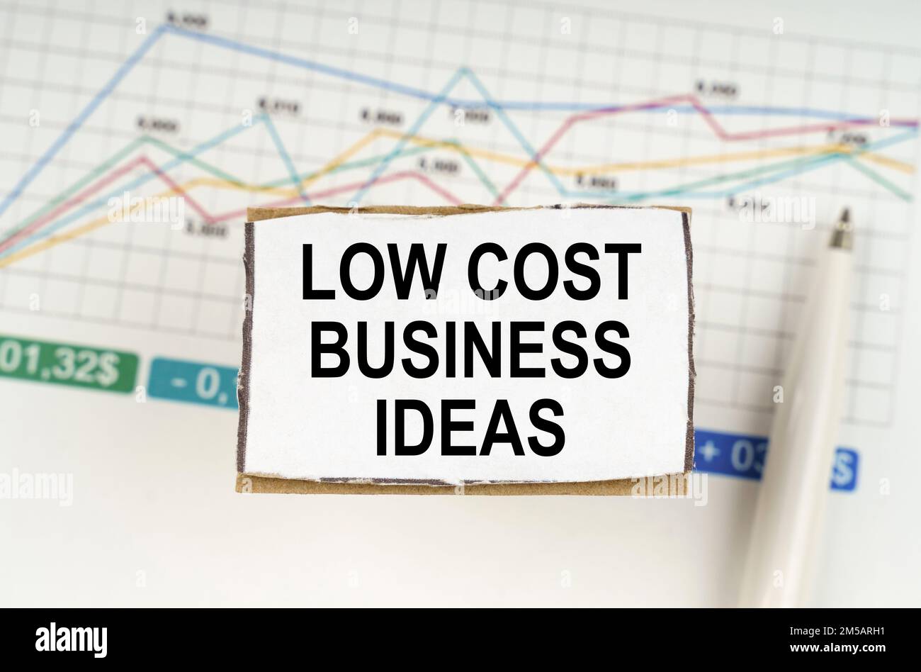 Concetto aziendale. Sullo sfondo della grafica aziendale e penne, un segno con l'iscrizione - Low Cost Business Ideas Foto Stock