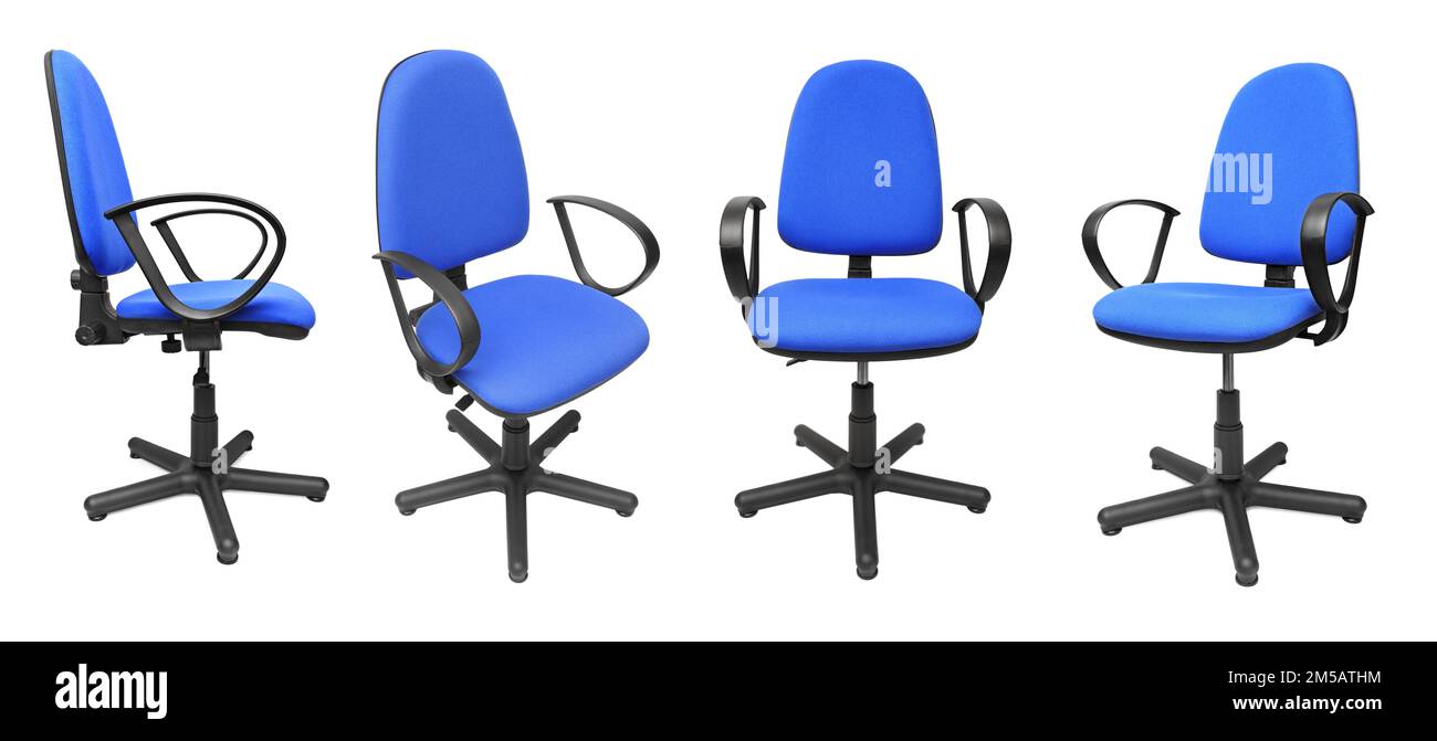 Sedie da ufficio di raccolta da diverse angolazioni isolate su sfondo bianco. Foto Stock
